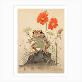 Frog And Flowers, Matsumoto Hoji Inspired Japanese Woodblock 2 Art Print