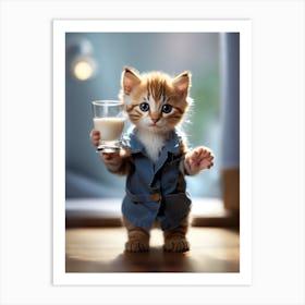 Cute Kitten Holding A Glass Of Milk Art Print