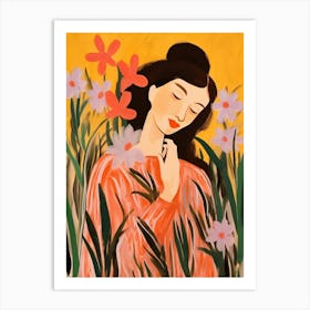 Woman With Autumnal Flowers Gladiolus 1 Art Print