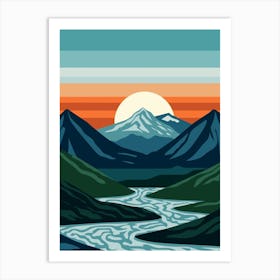 Mountains And River At Sunset Art Print