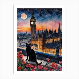 Black Cat in London - The Black Cat Travel Series Iconic Big Ben England Cityscapes Flowers on a Full Moon Traditional Watercolor Art Print Kitty Travels Home and Room Wall Art Cool Decor Klimt and Matisse Inspired Modern Awesome Cool Unique Pagan Witchy Witches Familiar Gift For Cat Lady Animal Lovers World Travelling Genuine Works by British Watercolour Artist Lyra O'Brien Art Print