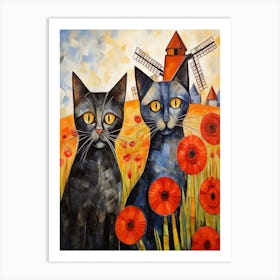 Two Cats With Poppies In Front Of A Windmill Art Print