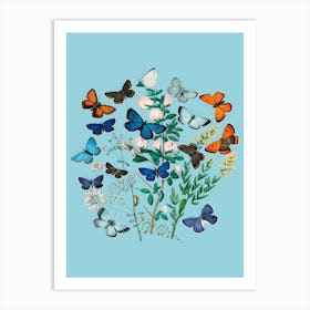 Vintgage Flowers Butterfly Floral Illustration Blue Art Print