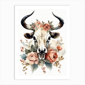 Vintage Boho Bull Skull Flowers Painting (57) Art Print