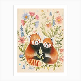 Folksy Floral Animal Drawing Red Panda 2 Art Print