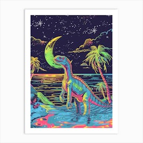 Neon Blue Dinosaur In The Ocean At Night Art Print