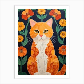 Orange Cat With Flowers Art Print