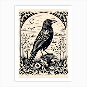 B&W Bird Linocut Crow 4 Art Print