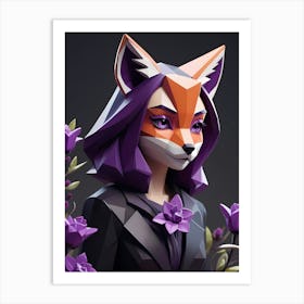 Low Poly Floral Fox Girl, Purple (26) Art Print