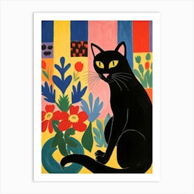 Black Cat With Flowers 8 Art Print