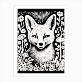 Fox In The Forest Linocut White Illustration 19 Art Print