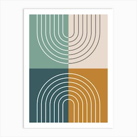 Abstract Rainbow Line and Colour Blocks I in Gold Beige Forest Sage Green, Midcentury Modern Design Art Print