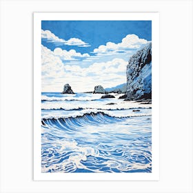 Linocut Of Barafundle Bay Beach Pembrokeshire Wales 2 Art Print