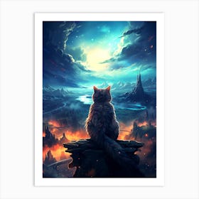 Cat Looking At The Night Sky Art Print