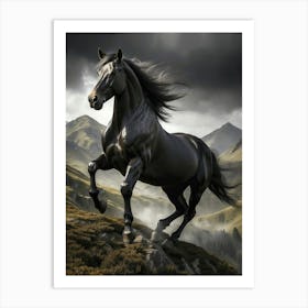 Black Horse Running In The Mountains Art Print