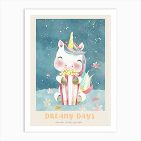 Cute Pastel Unicorn Eating Popcorn Blue Background 2 Poster Art Print