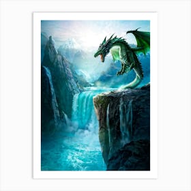 Green Dragon Perched Atop A Jagged Cliff Glacier Blue Ocean Waters Churning Below Cascading Waterf 1 Art Print