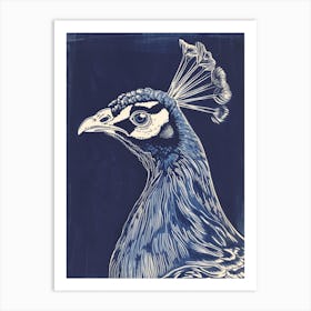 Navy Blue Portrait Of A Peacock 2 Art Print