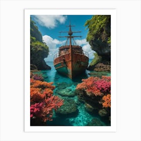 An Old Boat Is Anchored At The Coral Reef Art Print