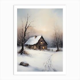 Rustic Winter Oil Painting Vintage Cottage (31) Art Print