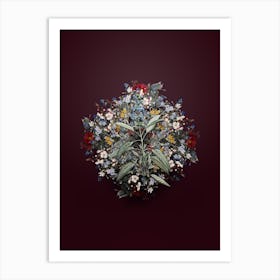 Vintage Sage Plant Flower Wreath on Wine Red n.0769 Art Print