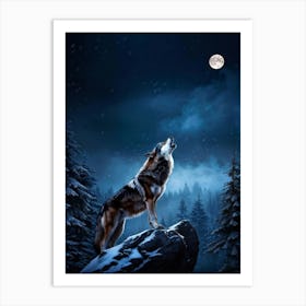 Howling Wolf Center Frame Midnight Wilderness Backdrop Full Moon Casting Silver Illumination Thro (6) Art Print