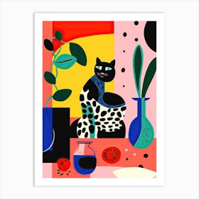 Black Cat And A Vase Of Flowers Fauvist Style Art Print
