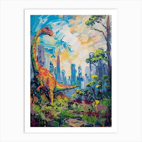 Colourful Dinosaur Cityscape Painting 1 Art Print
