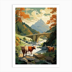 Animated Highland Cows By A Bridge & River Art Print