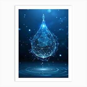 3d Low Poly Water Drop With Network Connections, Blue Background Art Print