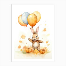 Rabbit Flying With Autumn Fall Pumpkins And Balloons Watercolour Nursery 2 Art Print
