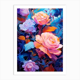 Pink Roses In A Blue Garden Art Print