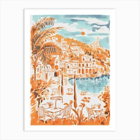 Italy, Portofino Cute Illustration In Orange And Blue 2 Art Print