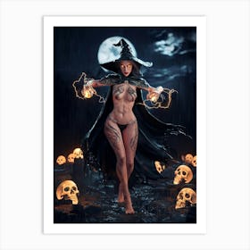 Sexy Naked Witch with Fireballs Painting #1 Art Print