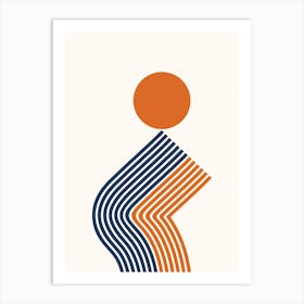 Geometric Lines Sun Rainbow Balance Playful Abstract in Navy Blue and Orange 1 Art Print