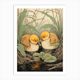 Ducklings With Pond Weed Japanese Woodblock Style 2 Art Print