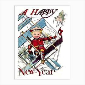 Little Pilot On Airplane Wish You A Happy New Year Art Print