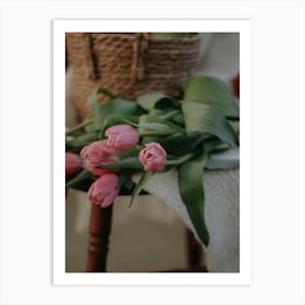 Pink Tulips On A Wooden Chair Art Print