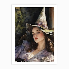 Sleeping Beauty - Bed Witch - Beautiful Woman Napping Wearing a Witches Hat in the Sunlight, Witchy Pagan Fairytale Watercolor Artwork by Lyra the Lavender Witch - Spoonie Tired Girl Wicca Magical Lilac Witchcraft in the Style of Romantic Gothic Period Drama HD Art Print
