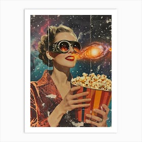 Retro Person Holding Popcorn Galaxy Collage Art Print