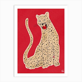 Leopard On Red Backgroound Animal Art Print