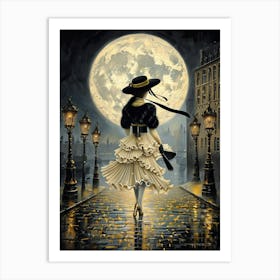 Moonlit Elegance: Lady on Cobblestone Streets Poster