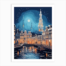 Winter Travel Night Illustration Amsterdam Netherlands 3 Art Print