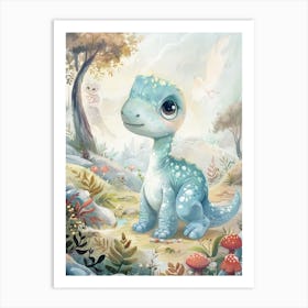 Blue Cute Dinosaur In The Meadow With Mushrooms Storybook Watercolour Painting Art Print