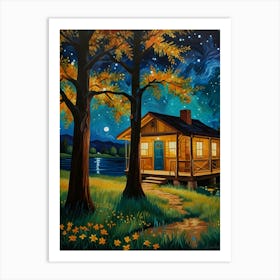 Cabin At Night Art Print