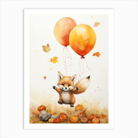 Red Fox Flying With Autumn Fall Pumpkins And Balloons Watercolour Nursery 1 Art Print