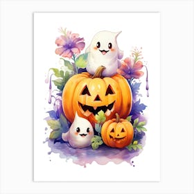 Cute Ghost With Pumpkins Halloween Watercolour 42 Art Print