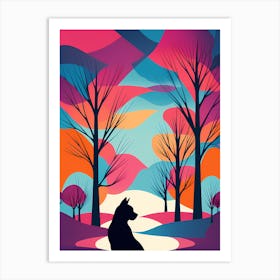 cat Silhouette In The Forest, colorful art, abstract art, digital art, cat vector art Art Print