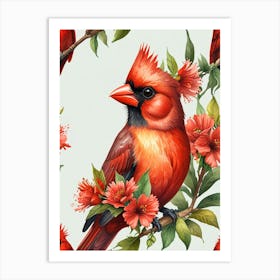 Red Cardinals And Flowers Art Print