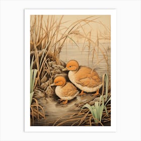 Ducklings With Pond Weed Japanese Woodblock Style 4 Art Print